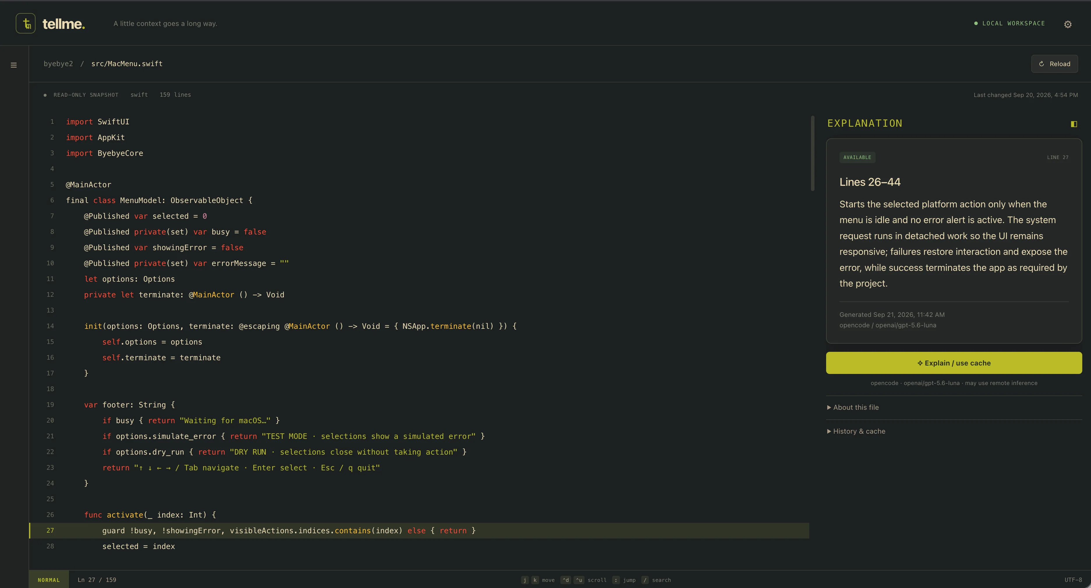 TellMe showing the ByeByeV2 source code beside an explanation of the selected lines.