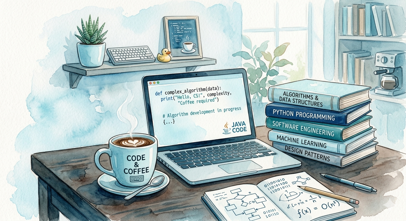 A cozy workspace illustration with a laptop and coffee